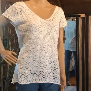 AXCESS (Liz Claiborne) White Short Sleeve Pointelle Crochet Tunic Sz. Large-NWOT